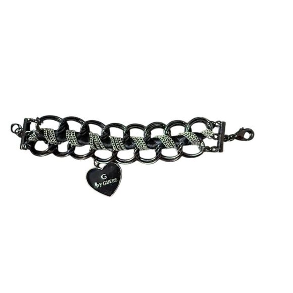Guess silver and black 7" woven bracelet with dangle hart charm - Picture 2 of 4